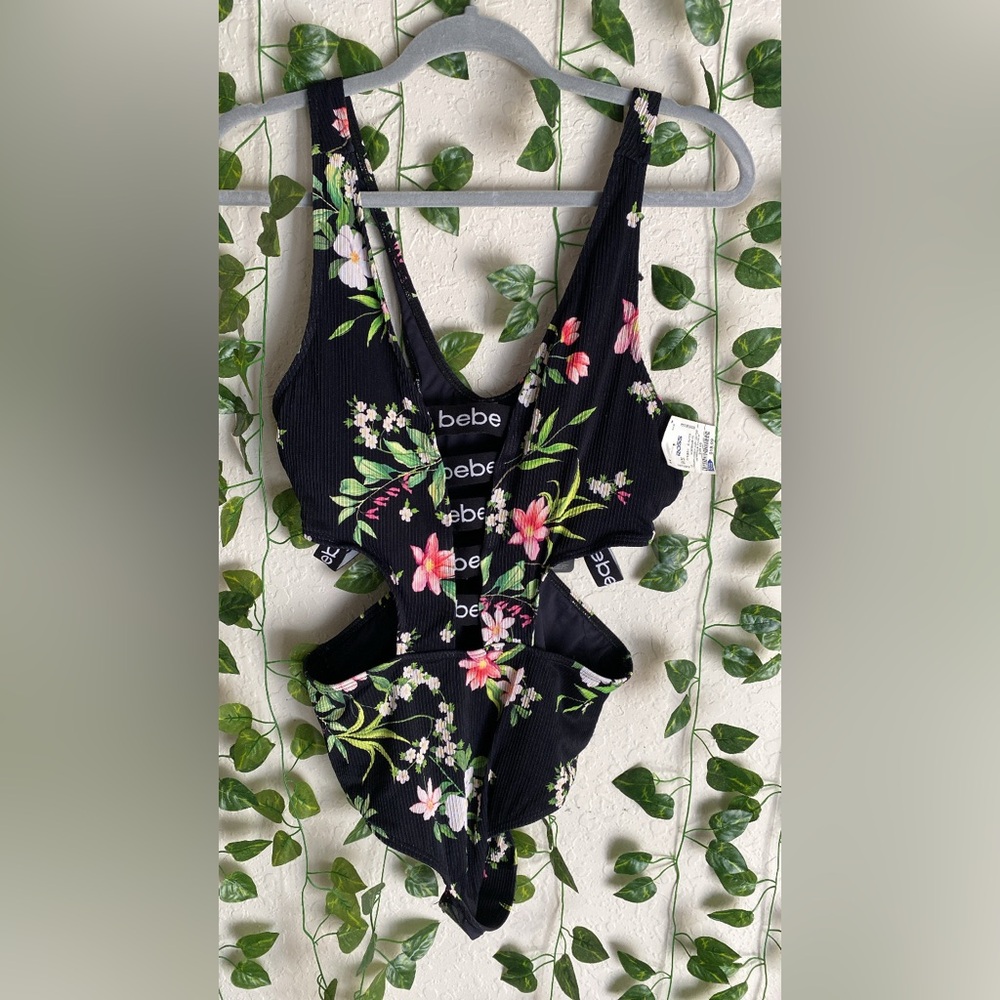 Bebe Black Floral Cutout Swimsuit